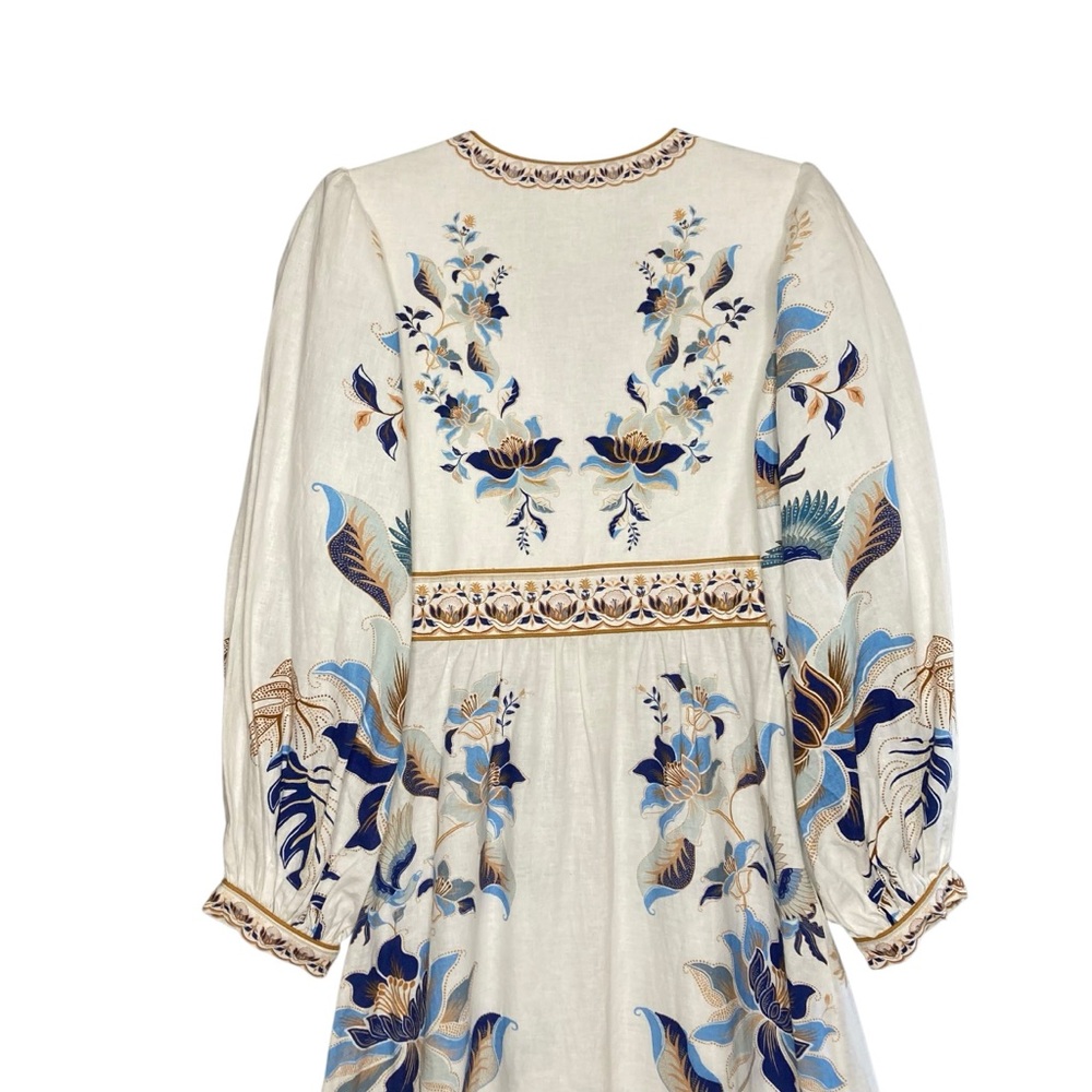 Farm Rio Mystic Blue Lotus Placed Print Long Sleeve Linen Blend Maxi Dress S - Picture 7 of 10